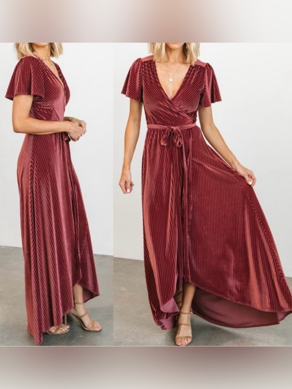 Baltic Born Dark Rose Born Andi Ribbed Velvet Wrap Maxi Dress- Size Large
